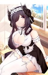 Rule 34 | 1girl, absurdres, apron, august von parseval (azur lane), august von parseval (the conquered unhulde) (azur lane), azur lane, between breasts, breasts, brown dress, center opening, cleavage, curled horns, dress, garter straps, gloves, hair over one eye, highres, horns, indoors, large breasts, long hair, maid, maid headdress, mechanical horns, official alternate costume, one eye covered, purple eyes, purple hair, samip, sitting, strap between breasts, thighhighs, two-tone dress, very long hair, white apron, white dress, white garter straps, white gloves, white thighhighs, window