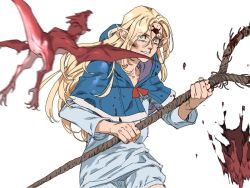 Rule 34 | 1girl, blonde hair, blood, blood on face, blood splatter, nosebleed, bloody weapon, crying, crying with eyes open, dragon, dungeon meshi, elf, farawaygalaxy1, green eyes, grin, holding, holding weapon, long hair, marcille donato, pointy ears, simple background, smile, staff, tears, weapon, white background
