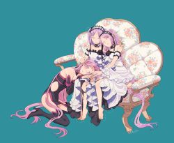 Rule 34 | 3girls, aqua background, arm around shoulder, barefoot, blush, boots, choker, closed eyes, dress, euryale (fate), facial mark, fate/grand order, fate (series), forehead mark, frilled hairband, frills, hairband, headdress, high heels, lap pillow, lolita hairband, long hair, medusa (fate), medusa (rider) (fate), medusa (rider) (third ascension) (fate), multiple girls, ooba, purple eyes, purple hair, revealing clothes, ribbon-trimmed hairband, shy, siblings, simple background, sisters, sleeping, square pupils, stheno (fate), strapless, strapless dress, thigh boots, thighhighs, twins, twintails, very long hair, white dress