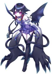 Rule 34 | 1girl, black hair, black sclera, black skin, blue ribbon, bright pupils, claws, colored sclera, colored skin, demon girl, demon wings, detached sleeves, dress, full body, hair between eyes, hair ears, hair ribbon, juliet sleeves, leaning forward, long sleeves, looking at viewer, low wings, medium hair, monster girl, multicolored skin, multiple tails, neck stitches, original, oversized forearms, oversized limbs, pink eyes, pleated dress, pointy ears, puffy sleeves, purple dress, ribbon, rtsusk09, sharp toenails, short dress, short hair with long locks, sidelocks, simple background, snake head tail, snake tail, solo, standing, stitched neck, stitches, tail, tiptoes, toenails, tress ribbon, two tails, white background, white dress, white pupils, wings