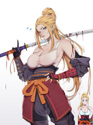Rule 34 | 1girl, absurdres, armor, beatrix amerhauser, black gloves, black pants, blonde hair, blood, blood on arm, blood on clothes, bloody weapon, blue eyes, breasts, cleavage, closed mouth, collarbone, fingerless gloves, gloves, hand on own hip, highres, holding, holding sword, holding weapon, japanese armor, katana, kote, kusazuri, large breasts, liya nikorov, long hair, looking at viewer, nose, over shoulder, pants, ponytail, reference inset, sash, simple background, single fingerless glove, smile, solo, sword, sword over shoulder, tank top, weapon, weapon over shoulder, white tank top, zom 100: zombie ni naru made ni shitai 100 no koto