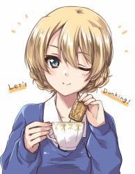 Rule 34 | 1girl, ;), black necktie, blonde hair, blue eyes, blue sweater, braid, closed mouth, commentary, cookie, cup, darjeeling (girls und panzer), dress shirt, emblem, english text, engrish text, food, girls und panzer, highres, holding, holding cup, holding food, kuroi mimei, long sleeves, looking at viewer, necktie, notice lines, one eye closed, ranguage, school uniform, shirt, short hair, simple background, smile, solo, st. gloriana&#039;s school uniform, sweater, teacup, twin braids, v-neck, white background, white shirt, wing collar