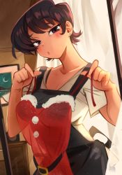 Rule 34 | 1girl, absurdres, apron, black eyes, black hair, blush, breasts, commentary, curtains, drawing (object), earrings, english commentary, highres, holding, holding clothes, holding up, indoors, jewelry, khyle., komi-san wa komyushou desu, komi shuuko, large breasts, looking at mirror, looking at viewer, medium breasts, mirror, santa costume, shirt, short hair, solo, stud earrings, white shirt
