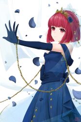 Rule 34 | 1girl, absurdres, arima kana, blue dress, blue flower, blue gloves, blue rose, bob cut, closed mouth, crown, dress, falling petals, flower, gloves, highres, jewelry, oshi no ko, petals, red eyes, red hair, rose, short hair, slime yhy, smile, solo