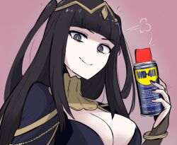 Rule 34 | 1girl, black eyes, black hair, black nails, blunt bangs, breasts, bridal gauntlets, can, cleavage, closed mouth, commentary, english commentary, eyelashes, fire emblem, fire emblem awakening, gradient background, holding, holding can, large breasts, long hair, looking at viewer, nintendo, puff of air, red background, smile, solo, spray can, tavi (hosheezus), tharja (fire emblem), tiara, two side up, upper body, v-shaped eyebrows, wd-40