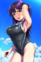 Rule 34 | 1girl, absurdres, alternate costume, black hair, black one-piece swimsuit, blue sky, breasts, competition swimsuit, cowboy shot, day, highleg, highleg swimsuit, highres, kantai collection, large breasts, long hair, one-piece swimsuit, outdoors, purple eyes, sky, solo, standing, swimsuit, ushio (kancolle), yellow quokka