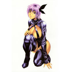 Rule 34 | 1girl, areola slip, ayane (doa), boots, breasts, cleavage, curvy, dead or alive, full body, headband, high heels, homare (fool&#039;s art), kneeling, large breasts, leather, leotard, lips, lipstick, makeup, ninja, no bra, on one knee, open mouth, purple eyes, purple hair, shiny clothes, shoes, short hair, simple background, solo, tecmo, thigh boots, thighhighs, turtleneck