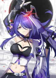 Rule 34 | 1girl, absurdres, acheron (honkai: star rail), arm up, black choker, black gloves, breasts, chain, choker, cleavage, commentary, gloves, hair intakes, halterneck, highres, holding, holding sword, holding weapon, honkai: star rail, honkai (series), katana, large breasts, long hair, looking at viewer, midriff, navel, parted lips, purple eyes, purple hair, scabbard, sheath, single bare shoulder, smile, solo, stomach, sword, talo (63078778), upper body, very long hair, weapon