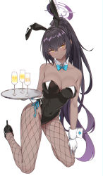 Rule 34 | 1girl, absurdres, animal ears, aqua bow, aqua bowtie, bare shoulders, black footwear, black hair, black hairband, black leotard, blue archive, blush, bow, bowtie, unworn bowtie, breasts, cleavage, closed mouth, commentary request, cup, curvy, dark-skinned female, dark skin, detached collar, drinking glass, fake animal ears, fishnet pantyhose, fishnets, full body, gloves, hair between eyes, hairband, halo, high heels, highleg, highleg leotard, highres, holding, holding tray, karin (blue archive), karin (bunny) (blue archive), kneeling, large breasts, leotard, long hair, looking at viewer, looking back, number tattoo, official alternate costume, pantyhose, playboy bunny, ponytail, rabbit ears, shiny clothes, shiny skin, shoulder tattoo, simple background, solo, strapless, strapless leotard, tamago (eva1314056), tattoo, traditional bowtie, tray, very long hair, white background, white gloves, wide hips, wristband, yellow eyes