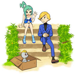 Rule 34 | 10s, 1boy, 1girl, bare arms, box, brown footwear, cardboard box, chaz (pokemon), creatures (company), game freak, gen 1 pokemon, in box, in container, lisia (pokemon), looking at another, machop, nintendo, npc trainer, pokemon, pokemon (creature), pokemon oras, rich boy (pokemon), sitting, smile, stairs, ucchii