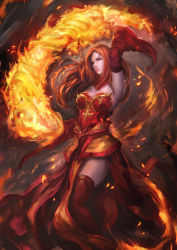 Rule 34 | 1girl, arm up, breasts, cglas, cleavage, detached sleeves, dota (series), dota 2, fire, full body, lina inverse (dota 2), long hair, red eyes, red hair, red legwear, solo, standing