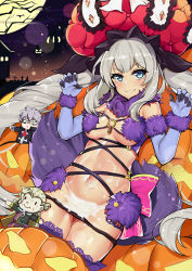 Rule 34 | 1girl, absurdres, bad id, bad pixiv id, bat (animal), black panties, blue eyes, blue gloves, blush, breasts, breasts apart, character doll, charles-henri sanson (fate), cosplay, cross, cum, cum on body, cum on lower body, elbow gloves, fate/grand order, fate (series), full moon, fur-trimmed gloves, fur trim, gloves, gluteal fold, halloween costume, hat, highres, jack-o&#039;-lantern, lace, lace-trimmed legwear, lace trim, legs together, light particles, long hair, looking at viewer, lying, marie antoinette (fate), mash kyrielight, mash kyrielight (dangerous beast), mash kyrielight (dangerous beast) (cosplay), medium breasts, moon, navel, o-ring, o-ring top, official alternate costume, on back, outdoors, panties, panty pull, purple thighhighs, revealing clothes, shielder (fate/grand order) (cosplay), shiny skin, sidelocks, silver hair, slm, solo, tail, thigh gap, thighhighs, tombstone, tree, twintails, underwear, very long hair, wolf tail, wolfgang amadeus mozart (fate)