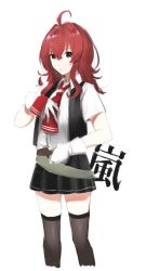 Rule 34 | 1girl, :/, ahoge, arashi (kancolle), belt, black skirt, black thighhighs, black vest, blouse, brown eyes, character name, closed mouth, collared shirt, commentary request, cropped legs, feet out of frame, frown, gloves, hair between eyes, hand on belt, hand on own chest, hand up, kanji, kantai collection, looking at viewer, medium hair, messy hair, miniskirt, morinaga miki, neckerchief, open clothes, open vest, pleated skirt, red hair, red neckerchief, shirt, short sleeves, sidelocks, simple background, skirt, solo, standing, thighhighs, translated, vest, white background, white gloves, white shirt, wing collar, zettai ryouiki