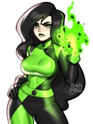 Rule 34 | 1girl, artist name, asymmetrical gloves, black bodysuit, black gloves, black hair, black lips, blushyspicy, bodysuit, breasts, commentary, fire, flaming hand, gloves, green eyes, green fire, green gloves, kim possible (series), large breasts, lips, long hair, looking at viewer, makeup, mismatched gloves, multicolored bodysuit, multicolored clothes, shego, smile, solo