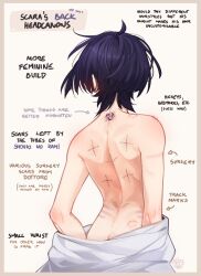 Rule 34 | 1boy, androgynous, bruise, butt crack, character name, english text, facing away, genshin impact, highres, injury, light brown background, light brown border, male focus, nekojinnyart, purple hair, scar, scar on back, scaramouche (genshin impact), shirt, short hair, solo, topless male, white background, white shirt