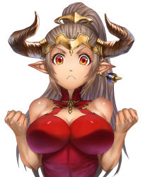 Rule 34 | 10s, 1girl, aliza (granblue fantasy), bare shoulders, blush, breasts, cleavage, cleavage cutout, clenched hands, closed mouth, clothing cutout, determined, draph, dress, earrings, eyelashes, frown, granblue fantasy, headpiece, horns, jewelry, large breasts, long hair, looking at viewer, pointy ears, ponytail, red dress, red eyes, shiny skin, silver hair, single earring, sleeveless, solo, upper body, wolfedge