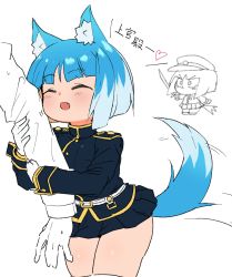 Rule 34 | 1girl, :d, ^ ^, animal ear fluff, animal ears, arm hug, asagi (bombergirl), belt, black skirt, blue hair, blue tail, bombergirl, buttons, closed eyes, colored inner hair, fang, gloves, heart, highres, long sleeves, miniskirt, motion lines, multicolored hair, multicolored tail, open mouth, orange hair, pleated skirt, sasaki rindou, short hair, simple background, skirt, smile, tail, tail raised, tail wagging, thighs, turtleneck, two-tone tail, white background, white belt, white gloves, white hair, white tail, wolf ears, wolf girl, wolf tail