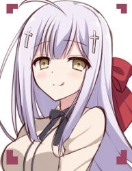 Rule 34 | 1girl, :q, ahoge, black ribbon, blunt bangs, blush, breasts, cariboy, chinese commentary, close-up, closed mouth, commentary request, cross hair ornament, gabriel dropout, grey hair, hair ornament, hair ribbon, large breasts, long hair, looking at viewer, raphiel shiraha ainsworth, red ribbon, ribbon, sidelocks, simple background, smile, solo, tongue, tongue out, viewfinder, white background, yellow eyes