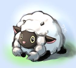 Rule 34 | :3, artist name, black eyes, blue background, closed mouth, colored sclera, creatures (company), deekei, game freak, gen 8 pokemon, horns, lying, nintendo, no humans, pokemon, pokemon (creature), signature, simple background, solo, wooloo, yellow sclera