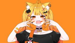 Rule 34 | 1girl, absurdres, ahoge, animal (vocaloid), animal ear fluff, animal ears, bandaid, bandaid on arm, bare shoulders, bat hair ornament, black choker, black nails, black shirt, blonde hair, blouse, blush, bow, cat ears, cat hair ornament, choker, collarbone, commentary request, cone hair bun, drooling, facial mark, fangs, hair bow, hair bun, hair ornament, hairclip, heart, heart choker, highres, hololive, long hair, looking at viewer, nail polish, off shoulder, official art, open mouth, orange background, orange nails, saliva, shiroko, shirt, simple background, solo, twintails, virtual youtuber, vocaloid, yellow eyes, yozora mel