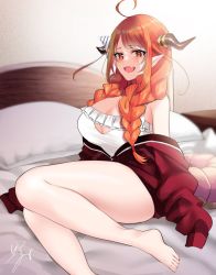 Rule 34 | 1girl, ahoge, bare legs, bare shoulders, barefoot, bed sheet, blonde hair, blush, bow, braid, breasts, camisole, cleavage, cleavage cutout, clothing cutout, diagonal-striped bow, dragon girl, dragon horns, dragon tail, fang, foot out of frame, frilled camisole, frills, hair over shoulder, highres, hololive, horn bow, horn ornament, horns, indoors, isuka, jacket, kiryu coco, kiryu coco (loungewear), large breasts, long hair, long sleeves, looking at viewer, low twin braids, low twintails, off shoulder, official alternate costume, on bed, open clothes, open jacket, open mouth, orange hair, partially unzipped, pillow, pointy ears, red eyes, red jacket, sidelocks, signature, sitting, skin fang, solo, striped, striped bow, tail, track jacket, twin braids, twintails, virtual youtuber, white camisole, yokozuwari