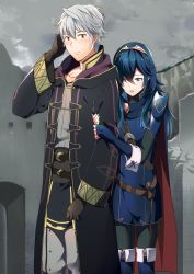 Rule 34 | 1boy, 1girl, ameno (a meno0), arm hug, armor, belt, black gloves, black robe, black sweater, blue cape, blue gloves, blue hair, blush, brown belt, brown eyes, cape, closed mouth, commentary request, fingerless gloves, fire emblem, fire emblem awakening, gloves, grey shirt, hair between eyes, hand on own head, height difference, highres, holding, holding another&#039;s arm, hood, hood down, hooded robe, hug, lips, long hair, long sleeves, looking at another, looking down, looking to the side, lucina (fire emblem), nintendo, open clothes, parted lips, pink lips, red cape, ribbed sweater, robe, robin (fire emblem), robin (male) (fire emblem), shirt, short hair, shoulder armor, sweatdrop, sweater, tiara, turtleneck, turtleneck sweater, two-tone cape, white hair