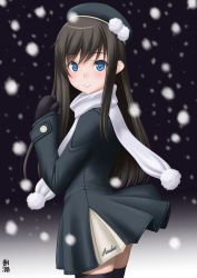 Rule 34 | 1girl, alternate costume, asashio (kancolle), black coat, black hair, black hat, black mittens, black thighhighs, blue eyes, blurry, character name, coat, commentary request, cowboy shot, from side, hands up, hat, highres, kantai collection, long hair, long sleeves, looking at viewer, looking to the side, mittens, own hands together, pom pom (clothes), scarf, smile, snowing, solo, t2r, thighhighs, white scarf, winter clothes