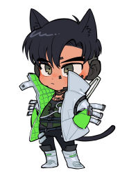 1boy, animal ear fluff, animal ears, apex legends, black hair, black pants, black shirt, cat boy, cat ears, cat tail, chibi, crypto (apex legends), cyborg, eyebrows visible through hair, green eyes, green sleeves, green vest, grey jacket, hands in pockets, highres, husagin, jacket, kemonomimi mode, looking ahead, pants, shirt, solo, standing, tail, vest, white background