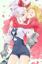 Rule 34 | 10s, 2girls, alternate color, armor, blonde hair, blue leotard, bow, breasts, capelet, dress, elaine, kissing eye, closed eyes, fingerless gloves, gloves, hair bow, high ponytail, hug, hug from behind, jacket, jericho (nanatsu no taizai), kiss, leotard, light purple hair, long sleeves, medium breasts, multiple girls, nanatsu no taizai, nekojitafuufuu, one eye closed, open clothes, open jacket, parted lips, red bow, red dress, red petals, short ponytail, standing, yellow eyes, yuri