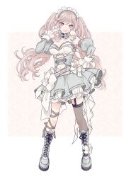 Rule 34 | 1girl, bare shoulders, boots, breasts, brown background, brown eyes, brown hair, brown thighhighs, clothing cutout, commentary request, cross-laced footwear, detached sleeves, dress, full body, garter straps, grey dress, grey footwear, grey sleeves, hand up, highres, juliet sleeves, lace-up boots, long hair, long sleeves, maid headdress, maru (memoriatechnica), medium breasts, navel, navel cutout, original, pleated dress, puffy sleeves, single thighhigh, solo, standing, thighhighs, thighhighs under boots, twintails, two-tone background, very long hair, white background