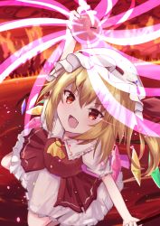 Rule 34 | 1girl, absurdres, adapted costume, apple, arm up, ascot, blonde hair, breasts, collared shirt, commentary request, crystal, fang, fire, flandre day, flandre scarlet, food, frilled shirt collar, frilled skirt, frilled sleeves, frills, from above, fruit, hair between eyes, hat, hat ribbon, highres, holding, holding food, holding fruit, looking at viewer, looking up, medium hair, mixed-language commentary, mob cap, multicolored wings, open mouth, puffy sleeves, red background, red eyes, red ribbon, red theme, red vest, ribbon, ribbon-trimmed headwear, ribbon trim, shirt, skirt, small breasts, solo, touhou, vest, white hat, white shirt, white skirt, wings, yellow ascot, yuba39ra