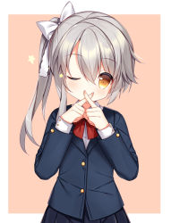 Rule 34 | 1girl, black jacket, black skirt, blazer, blush, bow, brown background, brown eyes, collared shirt, covered mouth, crossed fingers, grey hair, hair between eyes, hair bow, jacket, long hair, long sleeves, looking at viewer, ning hai (warship girls r), one eye closed, pleated skirt, red bow, school uniform, shirt, side ponytail, skirt, solo, star (symbol), tengxiang lingnai, two-tone background, warship girls r, white background, white bow, white shirt, x fingers