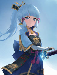 Rule 34 | 1girl, arm guards, armor, armored dress, ayaka (genshin impact), blue dress, blue eyes, blue hair, blue shirt, blunt bangs, blush, breastplate, breasts, bridal gauntlets, detached sleeves, dou, dress, genshin impact, hair ornament, highres, japanese armor, jewelry, katana, large breasts, light blue hair, long hair, looking at viewer, neck ring, open clothes, open shirt, ponytail, rope, s.w, shirt, short sleeves, sidelocks, smile, solo, sword, tassel, weapon