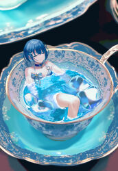 Rule 34 | 1girl, absurdres, bikini, blue bikini, blue bow, blue choker, blue hair, blue theme, blunt bangs, blurry, blurry background, bow, breasts, choker, cleavage, closed eyes, collarbone, commentary, cup, detached sleeves, hair ornament, hairclip, halterneck, highres, ice, ice cube, jewelry, kiritani haruka, medium breasts, mini person, minigirl, necklace, neu 33, partially submerged, project sekai, qinghua (porcelain), saucer, short hair, sidelocks, smile, solo, swimsuit, teacup, water