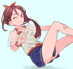 Rule 34 | 1girl, anchor, bad id, bad pixiv id, bare legs, blouse, blue background, blue shorts, bow, bracelet, brown eyes, closed mouth, collarbone, commentary, feet out of frame, hair bow, hair ornament, hand on own leg, highres, irenji, jewelry, long hair, love live!, love live! sunshine!!, one eye closed, red bow, red hair, sakurauchi riko, see-through, see-through sleeves, shirt, short sleeves, shorts, simple background, smile, solo, star (symbol), star hair ornament, tied shirt, very long hair, white shirt