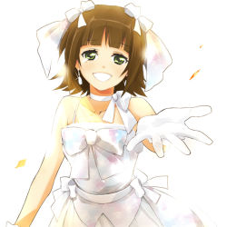 Rule 34 | 00s, 1girl, :d, amami haruka, bad id, bad pixiv id, blunt bangs, bow, bride, choker, cowboy shot, cute &amp; girly (idolmaster), dorei k, dress, earrings, female focus, gloves, green eyes, grin, hair bow, hair ribbon, idolmaster, idolmaster (classic), idolmaster 1, jewelry, looking at viewer, open mouth, outstretched hand, reaching, reaching towards viewer, ribbon, sash, short hair, simple background, sleeveless, sleeveless dress, smile, solo, spaghetti strap, tears, veil, wedding dress, white background, white dress, white gloves