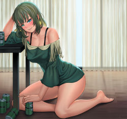 Rule 34 | 10s, 1girl, alcohol, arm support, bare legs, bare shoulders, barefoot, beer, blonde hair, blue eyes, blush, breasts, can, cleavage, collarbone, covered erect nipples, curtains, dress, drink can, drunk, fringe trim, full body, gradient hair, green dress, green eyes, green hair, hand on own head, head rest, heterochromia, idolmaster, idolmaster cinderella girls, indoors, large breasts, lasterk, leaning to the side, lips, long legs, long sleeves, looking at viewer, md5 mismatch, mole, mole under eye, multicolored hair, off-shoulder dress, off shoulder, parted lips, short dress, short hair, sitting, smile, soda can, solo, takagaki kaede, tsurime, wooden floor