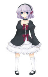 Rule 34 | 1girl, blunt bangs, choker, collarbone, dress, female focus, frilled dress, frills, full body, green eyes, hairband, legs apart, letty whiterock, long sleeves, looking at viewer, mary janes, pigeon-toed, sakaki chihiro, shoes, silver hair, solo, standing, thighhighs, touhou, white dress, white thighhighs, zettai ryouiki