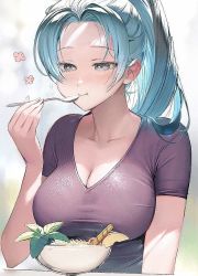Rule 34 | 1girl, :t, apple, apple slice, blue eyes, blue hair, blush, breasts, cinnamon stick, cleavage, closed mouth, collarbone, commentary, eating, eyelashes, food, forehead, fruit, half-closed eyes, holding, holding spoon, large breasts, light blue hair, long hair, motion lines, nefertari vivi, one piece, parted bangs, ponytail, purple shirt, runa (nori31291404), shirt, shokugeki no sanji, short sleeves, smile, solo, spoon, taut clothes, taut shirt, upper body
