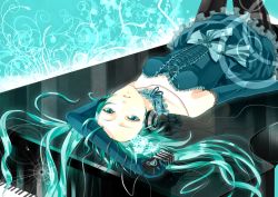 Rule 34 | 1girl, arm above head, bad id, bad pixiv id, bare shoulders, bow, choker, corset, dress, elbow gloves, gloves, green eyes, green hair, hatsune miku, headphones, instrument, long hair, lying, matching hair/eyes, microphone, on back, pantyhose, piano, solo, upside-down, vocaloid, yukimura32001