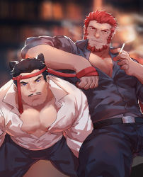 Rule 34 | 2boys, absurdres, all fours, animal ears, arm on another&#039;s shoulder, bara, beard, black pants, black shirt, cat ears, cigarette, commentary request, couple, dark-skinned male, dark skin, facial hair, feet out of frame, guoguo, headband, highres, large pectorals, looking at viewer, male focus, mature male, multiple boys, muscular, muscular male, mustache, original, pants, partially unbuttoned, pectoral cleavage, pectorals, pet play, red hair, shirt, short hair, sideburns, smile, smoking, spread legs, stubble, thick thighs, thighs
