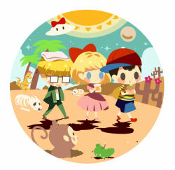 Rule 34 | 1girl, 2boys, animal skeleton, black bow, black bowtie, blonde hair, blue eyes, blue shorts, blush stickers, bow, bowtie, brown footwear, burger, cactus, chibi, cup, desert, dress, eating, food, green jacket, green pants, hitofutarai, holding, holding cup, holding food, jacket, jeff andonuts, monkey, mother (game), mother 2, multiple boys, ness (mother 2), nintendo, open mouth, palm tree, pants, paula (mother 2), pink dress, pink footwear, red footwear, round image, shirt, shorts, sideways hat, solid oval eyes, striped clothes, striped shirt, sun, sweatdrop, towel, towel on head, tree, ufo, walking