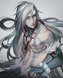 Rule 34 | 1boy, closed mouth, commentary, earrings, english commentary, grey background, hair between eyes, highres, jewelry, kayn (league of legends), league of legends, long hair, looking to the side, male focus, muscular, muscular male, official alternate costume, official alternate hairstyle, shadow assassin kayn, simple background, snow moon kayn, solo, tassel, tassel earrings, topless male, white eyes, white hair, zyrophin