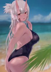 Rule 34 | 1girl, artist request, colored skin, female focus, horns, lisa alpacas, monster girl, one-piece swimsuit, peter grill to kenja no jikan, pink skin, pointy ears, red eyes, solo, swimsuit, white hair