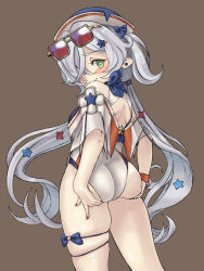 Rule 34 | 1girl, ass, ass grab, blush, breasts, brown background, commentary, commission, cowboy shot, ear piercing, eyewear on head, from behind, girls&#039; frontline, grabbing own ass, green eyes, hair ornament, hairclip, hat, highres, long hair, looking at viewer, looking back, nail polish, o o (ywsm2327), official alternate costume, one-piece swimsuit, piercing, rectangular pupils, sailor hat, silver hair, simple background, skindentation, small breasts, solo, star (symbol), star hair ornament, swimsuit, twintails, v-pm5 (girls&#039; frontline), v-pm5 (soaring starfish) (girls&#039; frontline), very long hair, watch, white one-piece swimsuit, wristwatch
