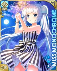 Rule 34 | 1girl, :o, barefoot, beach, blue eyes, blunt bangs, card (medium), character name, dress, fireworks, full moon, girlfriend (kari), holding, miss monochrome, miss monochrome (character), moon, night, ocean, official art, open mouth, outdoors, qp:flapper, solo, standing, striped clothes, striped dress, tagme, twintails, white dress, white hair