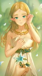 Rule 34 | 1girl, absurdres, adjusting hair, aqua eyes, bad id, bad twitter id, bare arms, bare shoulders, belt, blonde hair, blurry, blurry background, breasts, closed mouth, collarbone, commentary, dress, english commentary, flower, hair behind ear, head tilt, highres, jewelry, lips, long hair, looking at viewer, neck, necklace, nintendo, petals, pointy ears, pov, princess zelda, silent princess, smile, solo focus, standing, strapless, strapless dress, the legend of zelda, the legend of zelda: breath of the wild, tokkyu, triforce print, white dress, white flower