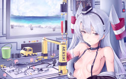 Rule 34 | 6+girls, amatsukaze (kancolle), bandages, bare shoulders, blood, bloody bandages, breasts, brown dress, brown eyes, clothes down, clothes pull, commentary, crane (machine), dress, dress pull, english commentary, fairy (kancolle), hair tubes, hat, highres, indoors, kantai collection, long hair, mechanical arms, mechanical parts, mini hat, mini person, minigirl, multiple girls, ngs (hkfg4334), pink hair, repair bucket, sailor dress, silver hair, single mechanical arm, size difference, small breasts, standing, two side up