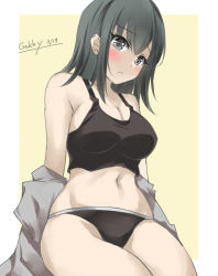 Rule 34 | 1girl, akitsu maru (kancolle), artist name, black hair, black panties, breasts, cleavage, commentary request, cowboy shot, dated, gakky, grey eyes, grey jacket, jacket, kantai collection, large breasts, midriff, one-hour drawing challenge, panties, short hair, solo, tank top, underwear