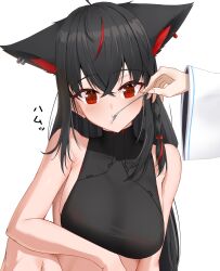 2girls absurdres ahoge animal_ear_fluff animal_ear_piercing animal_ears bare_shoulders black_hair braid crop_top crossed_bangs dark_persona double-parted_bangs extra_ears feeding food fork fox_ears fox_girl fruit hair_between_eyes hand_on_own_knee highres hololive jewelry kirimoya kurokami_fubuki long_hair low-tied_long_hair multiple_girls navel out_of_frame red_eyes red_hair red_streaks shirakami_fubuki side_braid sidelocks simple_background single_braid sleeveless sleeveless_turtleneck strawberry turtleneck upper_body virtual_youtuber white_background